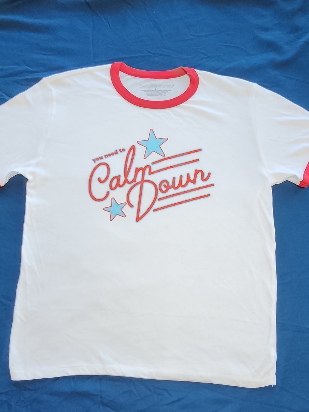 Taylor Swift White Ringer Tee with Red Trim and Blue Star Accents